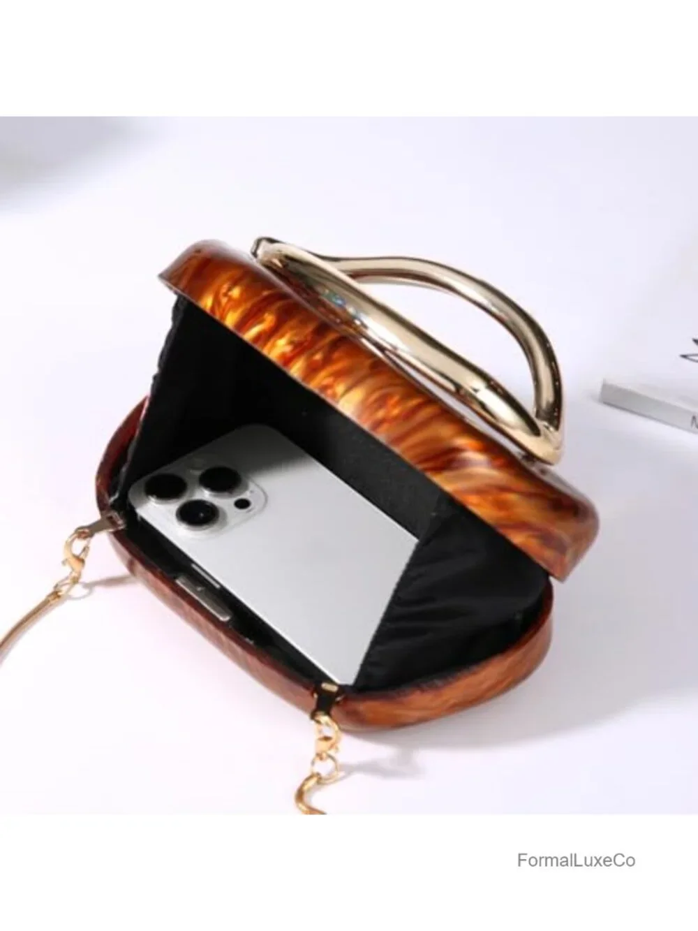 Art Deco Clutch Bag Gold-Tone Metallic Evening Handbag with Chain